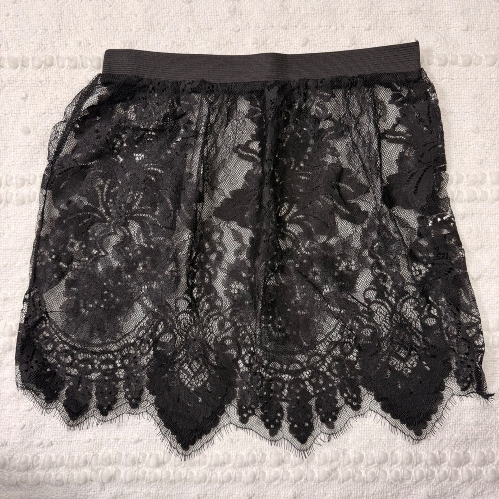 Womens‎ Black Floral Sheer Lace Mini Skirt Eyelash Hem Elastic Waist Medium